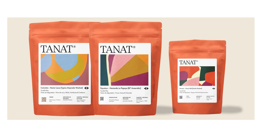 Three orange TANAT coffee bags with colour-block labels, standing on a pale surface.