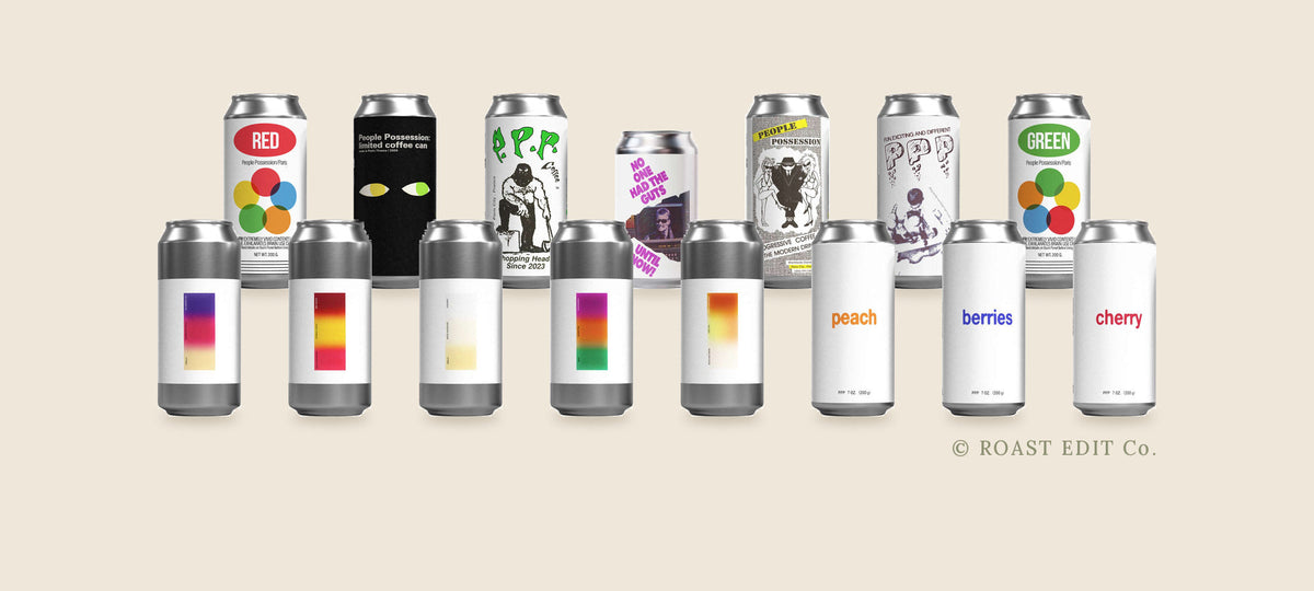 A group of People Possession coffee cans: the Industrial Supply, single-origin and Abu cans behind, and the BPM, NBA, CAM, BAM and PFX blends with Essential Standards peach, berries and cherry in front.